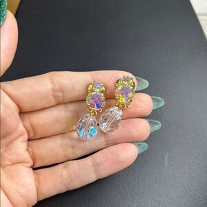 Vintage Gold and AB Crystal Drop Clip On Earrings